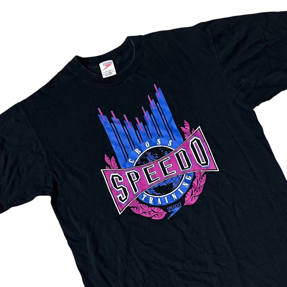 Vintage Speedo T Shirt XL Made In USA Black 1990s Single Stitch Purple Blue